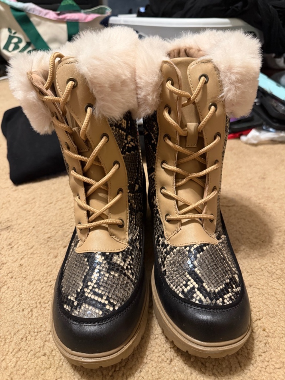 Faux Fur-Trim Lace-Up Winter Boots with Snake-Print Panels - Tan/Black